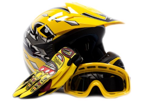 Youth Motocross ATV Helmet Dirt Bike MX , Gloves and Goggles Yellow