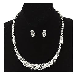 Thick Decorative Silver Twist Necklace & Earring Set