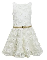 Girls Sleeveless Polyester Belted Mesh Sequined Knee Length  Dress