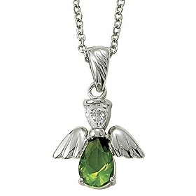 Sterling Silver 5/8" Peridot August Birthstone Angel Wing Necklace on 18" Chain