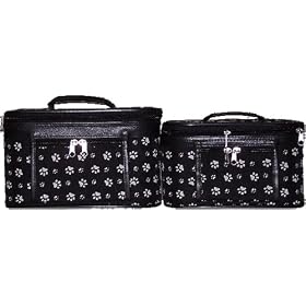 Cosmetic Case Two Piece Set - Black with White Paw Prints