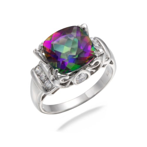 10MM Cushion Cut Natural Mystic Topaz Ring In Sterling Silver 3CTW