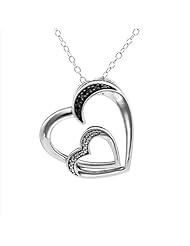Sterling Silver Black Diamond Double Heart Pendant Necklace (1/15 cttw)
