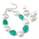 Sterling Silver 8 Chrysophase & Cultured Pearl Bracelet & Earrings Set