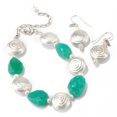Sterling Silver 8 Chrysophase & Cultured Pearl Bracelet & Earrings Set