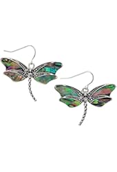 PammyJ Silvertone with Green Abalone Dragonfly Dangle Earrings