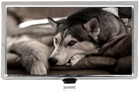 Black And White Husky In Blue Motion Sofa Sleepy Head Close Up Dog Design Custom Excellent Design Style Business Card Holder Card Aluminum Case