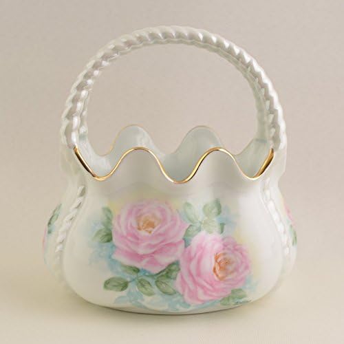 French Style Porcelain Planter Basket Hand Painted Pink Roses
