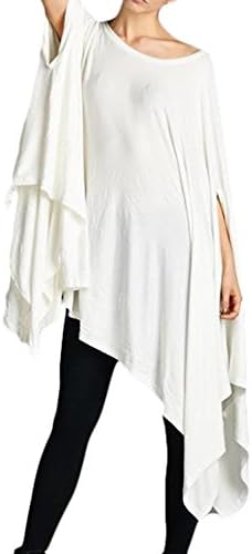 YiMo Women's Solid Relaxed Drape Handkerchief Hem Flowy Long Cape Tunic Tops, White, XX-Large