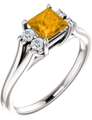 18K White Gold 5.00x5.00mm Princess Cut Citrine and Diamond Ring -- LIFETIME WARRANTY