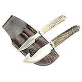 RUKO Genuine Deer Horn Handle Gut Hook Skinning Knife Set with Caping Knife and Leather Sheath