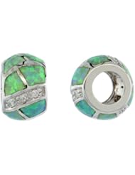 Sterling Silver Green Synthetic Opal Inlay Barrel Bead Charm, 1/2 inch Diameter