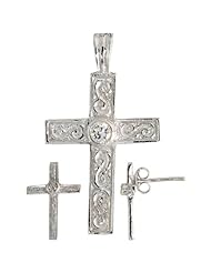 Sterling Silver Swirl-designed Latin Cross Earrings (16mm tall) & Pendant (28mm tall) Set, w/ Bezel Set Brilliant Cut CZ Stones