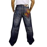 Enyce Mens Blue Jeans. 100% heavy weight machine washable cotton. Top quality embroidered design throughout these pants. Excellent attention to all important details: rivets, stitching and fabric design. The latest in unique hip hop and street wear.