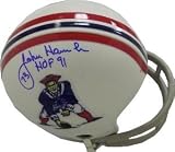 John Hannah Autographed/Hand Signed New England Patriots 2bar TB Mini Helmet with HOF 91 inscription