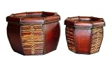 Red-Brown Bamboo Wood Round Planters Set of 2