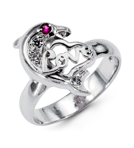 14k White Gold Fashion Dolphin Heart Love CZ Ring