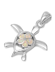 Sterling Silver White Lab Opal Hawaiian Plumeria Flower and Sea Turtle Pendant and Necklace