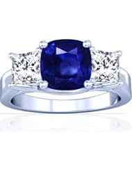 14K White Gold Cushion Cut Blue Sapphire Three Stone Ring (GIA Certificate)