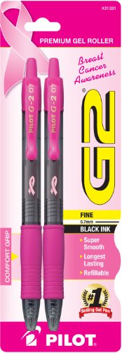 Pilot G2 Breast Cancer Awareness Pink Pens with Black Ink, Retractable Gel Ink Rolling Ball, Fine Point, 2-Pack (31331)