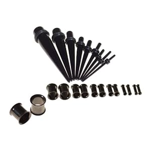 23 Piece Ear Taper Stretching Kit & Double Flare Black Titanium Anodized Tunnel Set - 9pc Black Acrylic Ear Taper Stretching Kit 14g-00g & 14pc Titanium Anodized Tunnels Plug Kit 10g-00g Ear Expander Set (Jewelry)