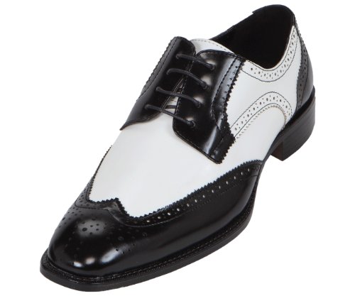 Bolano Mens Two-Toned Black and White Classic Smooth Dress Shoe with Wing-Tip and Perforated Detailing: Style Elwyn Black-000