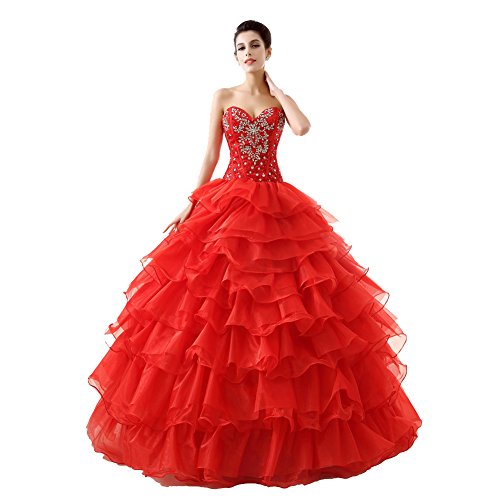 Ikerenwedding Women's Sweetheart Crystal Beaded Ball Gown Organza Ruffles Long Quinceanera Dress Red US08