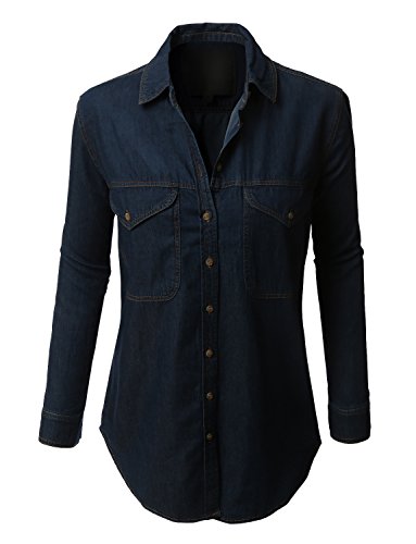 RubyK Womens Boyfriend Button Down Denim Shirt with Pockets