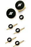 Solid 14k Gold and Onyx With Center Diamond Round Cufflinks, Tie Tac and Stud Set