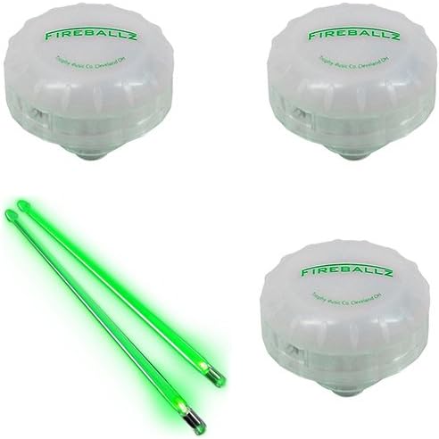Fireballz LED Cymbal Nut 3 Pack w/Sticks. Includes 3 Pack of Fireballz Screaming Green LED Cymbal Nuts + Green Firesticks Drumsticks