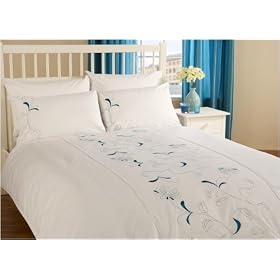Honeysuckle White and Teal King Size Embroidered Duvet Cover Set