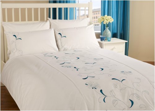 Honeysuckle White and Teal Double Embroidered Duvet Cover Set