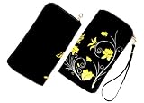 Produkt-Bild: Universal Handytasche Etui Beutel Neopren Cover Case Neopren schwarz mit gelben Blumen und Zipper Rei&szlig;verschlu&szlig; f&uuml;r Samsung Galaxy R I9103