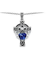 Celtic Love by Kelly (tm) Claddagh Cross pendant with 7mm Heart Shape Created Sapphire in 925 Sterling Silver