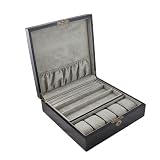 Dark Walnut Wood Solid Top Watch Case Jewelry Display Storage Organizer Chest Holds 5 Watches With Removable Jewelry Ring Tray And Jewelry Compartments