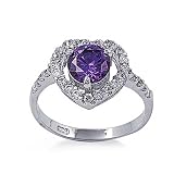 Rhodium Plated Sterling Silver Wedding & Engagement Ring Amethyst, ?Clear CZ Ladies Heart Ring 12MM ( Size 5 to 9)