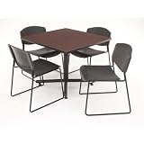 Hospitality 36 Square Reversible Wood Laminate Table in Mahogany / Mocha Walnuttable with 4 Stackable Zeng Chairs Chair material: Black Plastic
