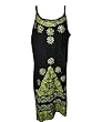 Hippie Boho Womens Strap Dress Green Black Batik Print Embroidered Rayon Tank Dresses