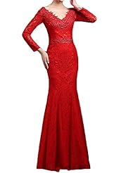 Sexy V-neck Lace-Up Beaded Applique Long Sleeves Mermaid Floor Length Evening Dress/Prom Dress/Wedding Dress 