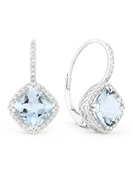 Natural 3.72ct Cushion-Cut Blue Topaz Gemstone & Diamond Earring Set In 14K White-Gold Lever-Back