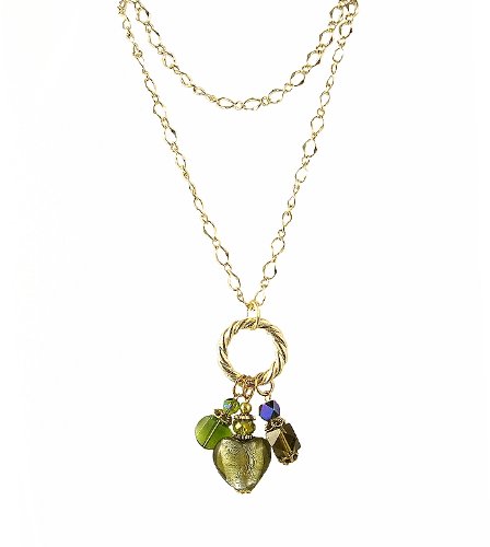 Necklace - N249 - Long Firepolished Beads & Pearl Cluster ~ Olive (Green)