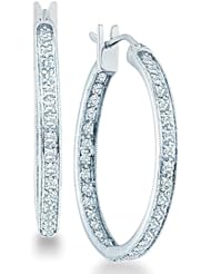 14k White Gold Two Double Sided Back and Front Round Diamond Large Hoop Earrings - 24mm Height * 3mm Width (1/2 cttw)