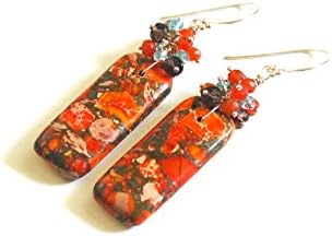 Multi Color Jasper Cluster Earrings - Jasper Earrings-Smoky Quartz,Carnelian Quartz, Apatite Cluster Earrings- Long Dangle Drop Earrings