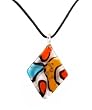 Necklace - N88 - Murano Glass Style - Diamond Shape ~ Orange, Red & Aqua on Clear