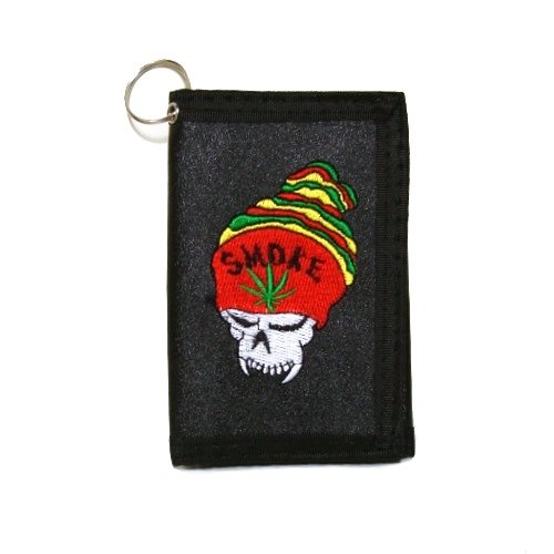 Smoking Rasta Skull Tri Fold Faux Leather Embroidered Wallet