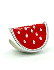 .925 Sterling Silver " Watermelon w/ Red Enamel " Charm Bead Compatible with Pandora Chamilia Kay Troll Bracelet