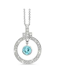 Elegant Bow Twin Circle Diamond Pendant In 18K White Gold With A 0.32 ct. Genuine aquamarine Center Stone.
