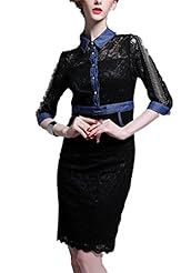 Sexy Elbow Length Sleeves Vintage Lace Denim/Polyester Midi Dress 