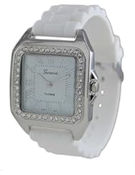 Geneva Platinum 6934 Square Silicone Rubber Strap Watch-WHT/SIL