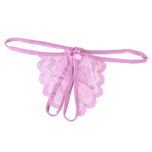 Zcargel Sexy Open Crotch T-Back Lingerie G-String Lace Panty,Thong Pearl Bead (Butterfly pink)